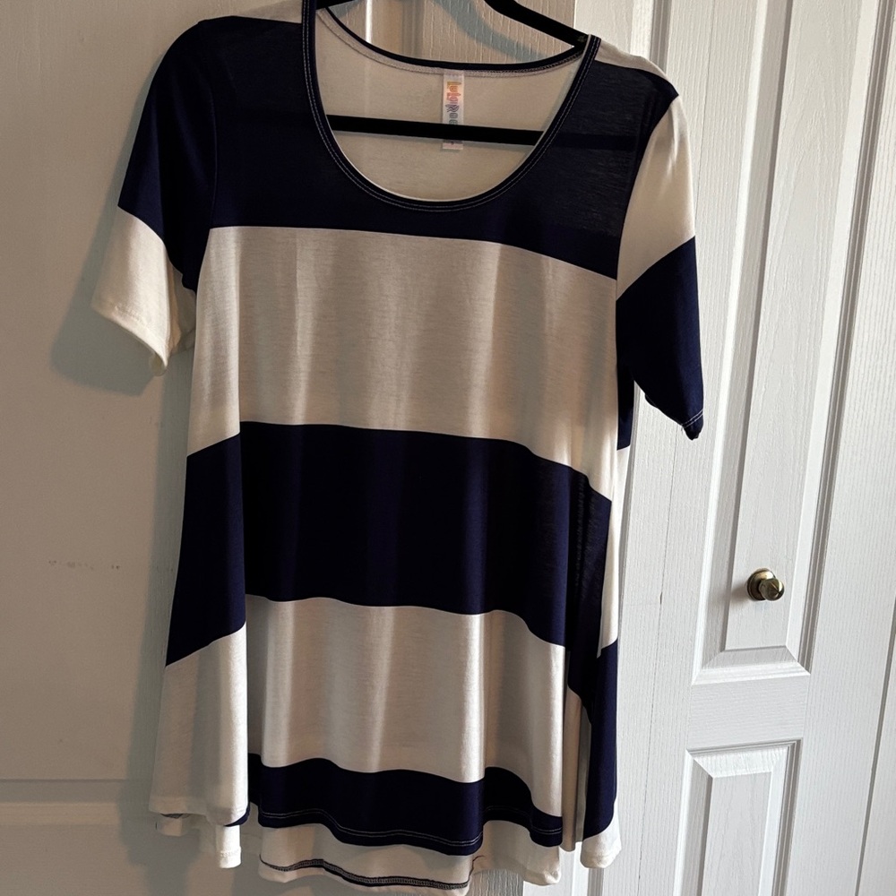LuLaRoe Perfect T EUC Navy and Cream Striped Short Sleeve Top